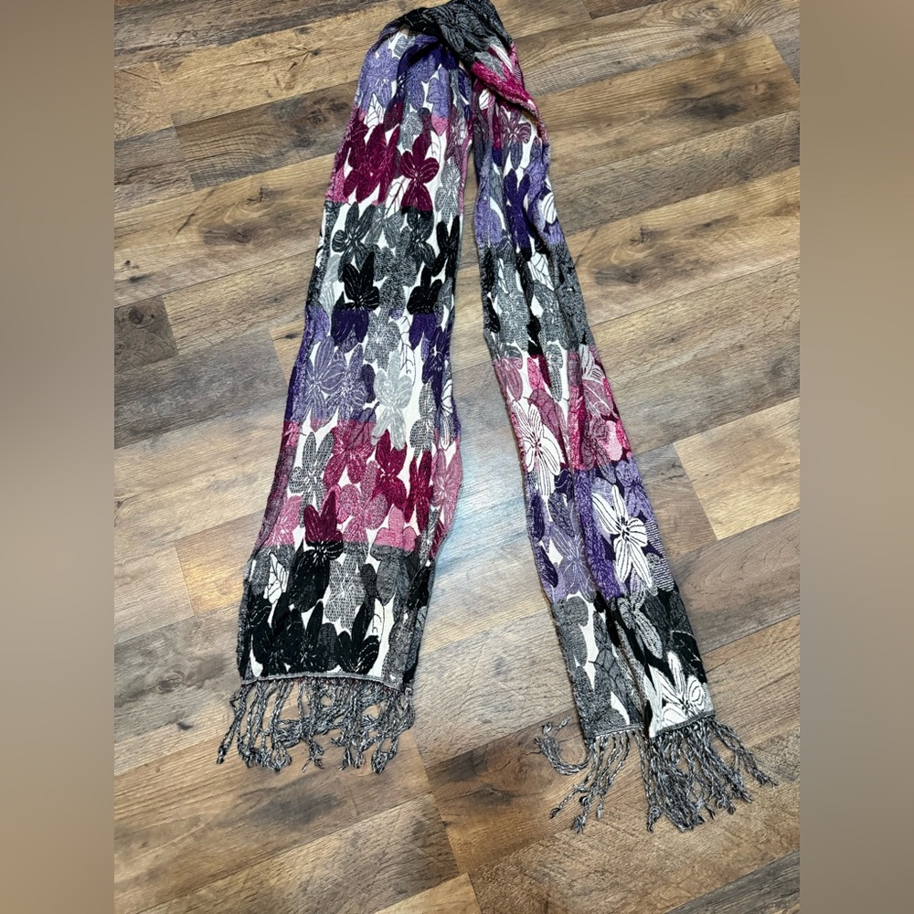 Floral Patterned Scarf - Black, Purple, and Pink